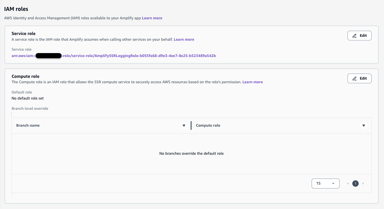IAM roles section displayed in the Amplify console